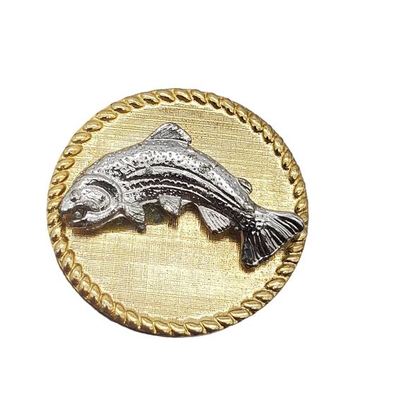 Fish Trout Cufflinks Tie Pin Gold Silver Tone Tac Fisherman 1970s Round Links - Picture 4 of 7